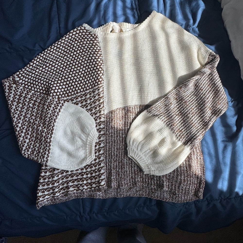 Blu Pepper Two-Tone Cream and Brown Patchwork Knit Sweater